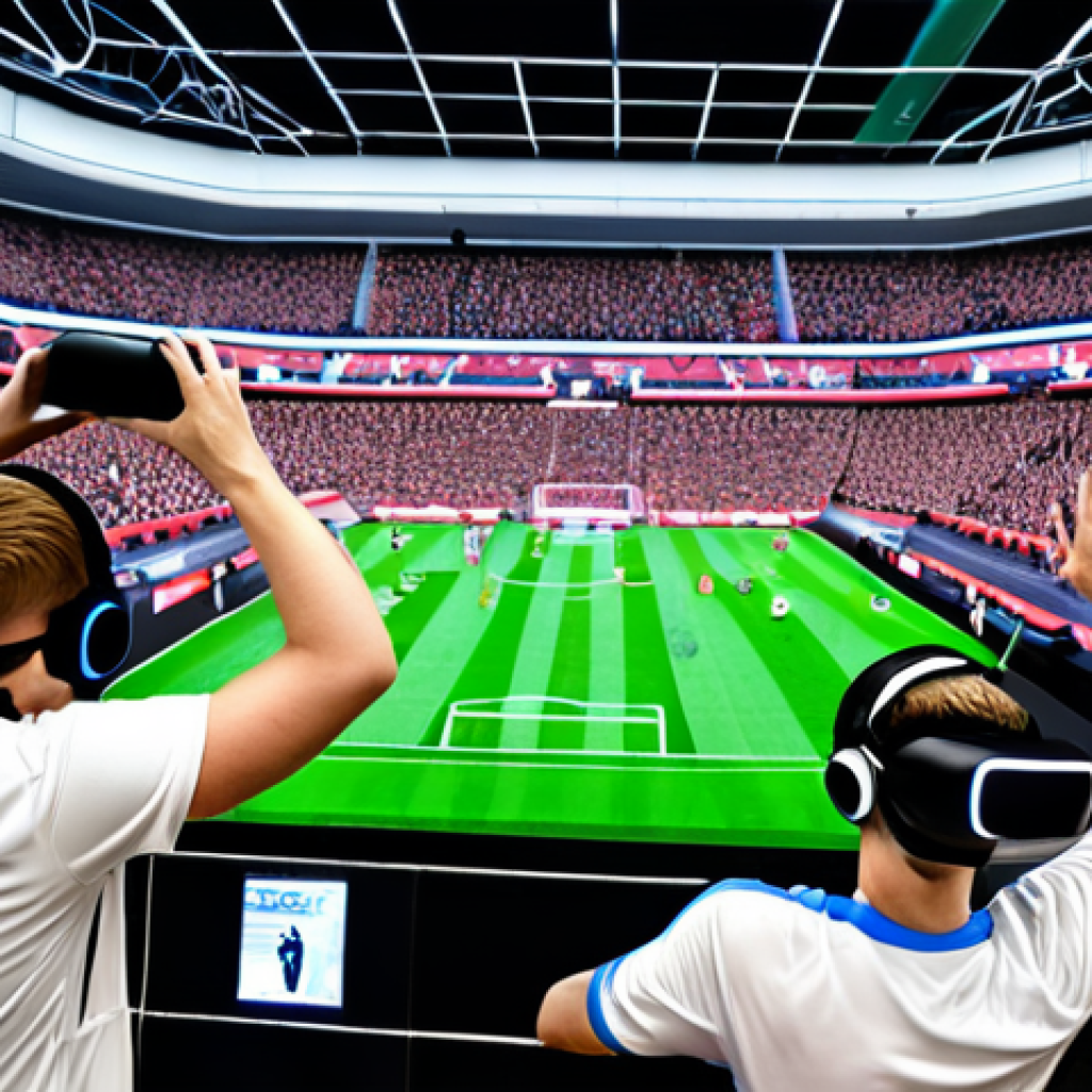 **Interactive Experience at a Sports Event**: "Create an image of a lively sports arena featuring a virtual reality station where fans are excitedly trying out a VR football game. Capture the enthusiasm of the crowd and the immersive technology in action."