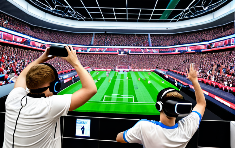 **Interactive Experience at a Sports Event**: "Create an image of a lively sports arena featuring a virtual reality station where fans are excitedly trying out a VR football game. Capture the enthusiasm of the crowd and the immersive technology in action."