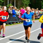 **

A vibrant scene at a local running race in Sweden. Focus on the family-friendly atmosphere: A designated "barnhörna" (kids corner) with engaging activities and child supervision is visible. Parents participate in the race while knowing their children are safe and entertained. Capture the joy and community spirit. Include elements that scream "Sweden," like familiar Swedish brands or landmarks subtly in the background.

**