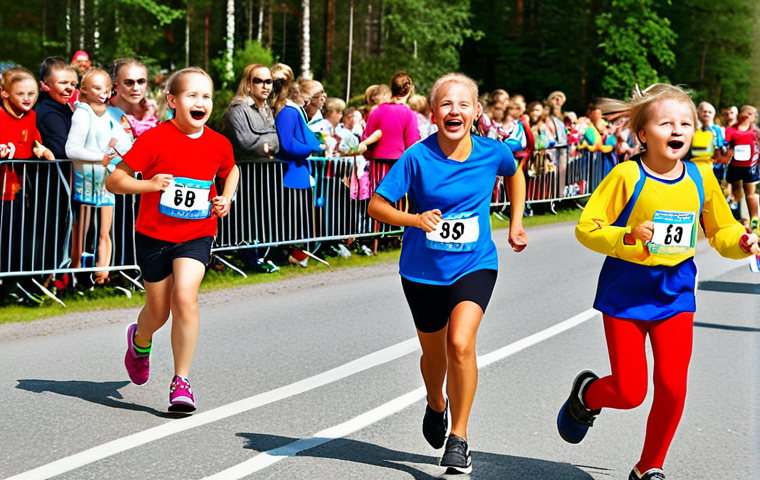 **

A vibrant scene at a local running race in Sweden. Focus on the family-friendly atmosphere: A designated "barnhörna" (kids corner) with engaging activities and child supervision is visible. Parents participate in the race while knowing their children are safe and entertained. Capture the joy and community spirit. Include elements that scream "Sweden," like familiar Swedish brands or landmarks subtly in the background.

**