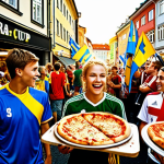 **

"A bustling street scene in Gothenburg during Gothia Cup. Focus on pizzeria and souvenir shop overflowing with people, mostly teenagers in football jerseys from different countries. Swedish flags visible. Golden light, joyful atmosphere."

**