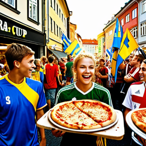 **

"A bustling street scene in Gothenburg during Gothia Cup. Focus on pizzeria and souvenir shop overflowing with people, mostly teenagers in football jerseys from different countries. Swedish flags visible. Golden light, joyful atmosphere."

**