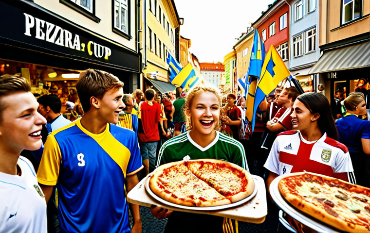 **

"A bustling street scene in Gothenburg during Gothia Cup. Focus on pizzeria and souvenir shop overflowing with people, mostly teenagers in football jerseys from different countries. Swedish flags visible. Golden light, joyful atmosphere."

**