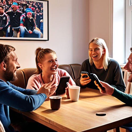 Home 9 **Prompt 1: Human-Centric Fan Engagement in the Digital Age**
"A diverse group of passionate Swedish sport fans, ranging from young adults interacting on social media platforms like TikTok and YouTube to older generations, deeply engaged with their favorite teams. They are shown in various intimate settings – perhaps a cozy living room, a local café, or a vibrant fan forum – reacting with genuine emotions: joy, tension, shared excitement, or sympathetic sadness. The scene should emphasize human connection, authentic community building, and the idea of fans as active partners rather than just consumers. There are subtle hints of digital interaction (phones, tablets displaying highlights or discussion threads) integrated seamlessly with the strong emotional bond and shared experience. The lighting is warm and inviting, evoking a sense of belonging and passion. --ar 16:9 --v 5"