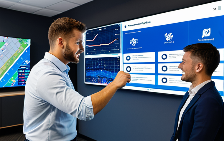 A professional marketing team within a modern sports club office, fully clothed in professional business attire. One team member is interacting with a large, transparent digital screen displaying intricate data analytics, fan demographics, and real-time social media engagement metrics. Another team member points to a holographic projection of a fan segmentation model. The office features sleek, contemporary design elements, emphasizing innovation and data-driven strategy. The background shows hints of blurred digital feeds and a subtle contrast with an artistic, stylized representation of traditional sports advertising, symbolizing the shift from old to new. Professional photography, high quality, realistic rendering, perfect anatomy, correct proportions, natural pose, well-formed hands, proper finger count, safe for work, appropriate content, modest clothing, professional.