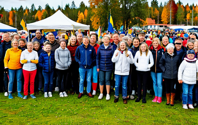 Local Engagement**

"A vibrant scene of a local community event surrounding a small-town sports competition in Sweden. Families are cheering, local businesses have small booths, and everyone is wearing warm, practical clothing suitable for a Swedish autumn day. Focus on joyful expressions and a sense of community pride. Safe for work, appropriate content, fully clothed, professional photography, perfect anatomy, natural proportions, family-friendly."

**