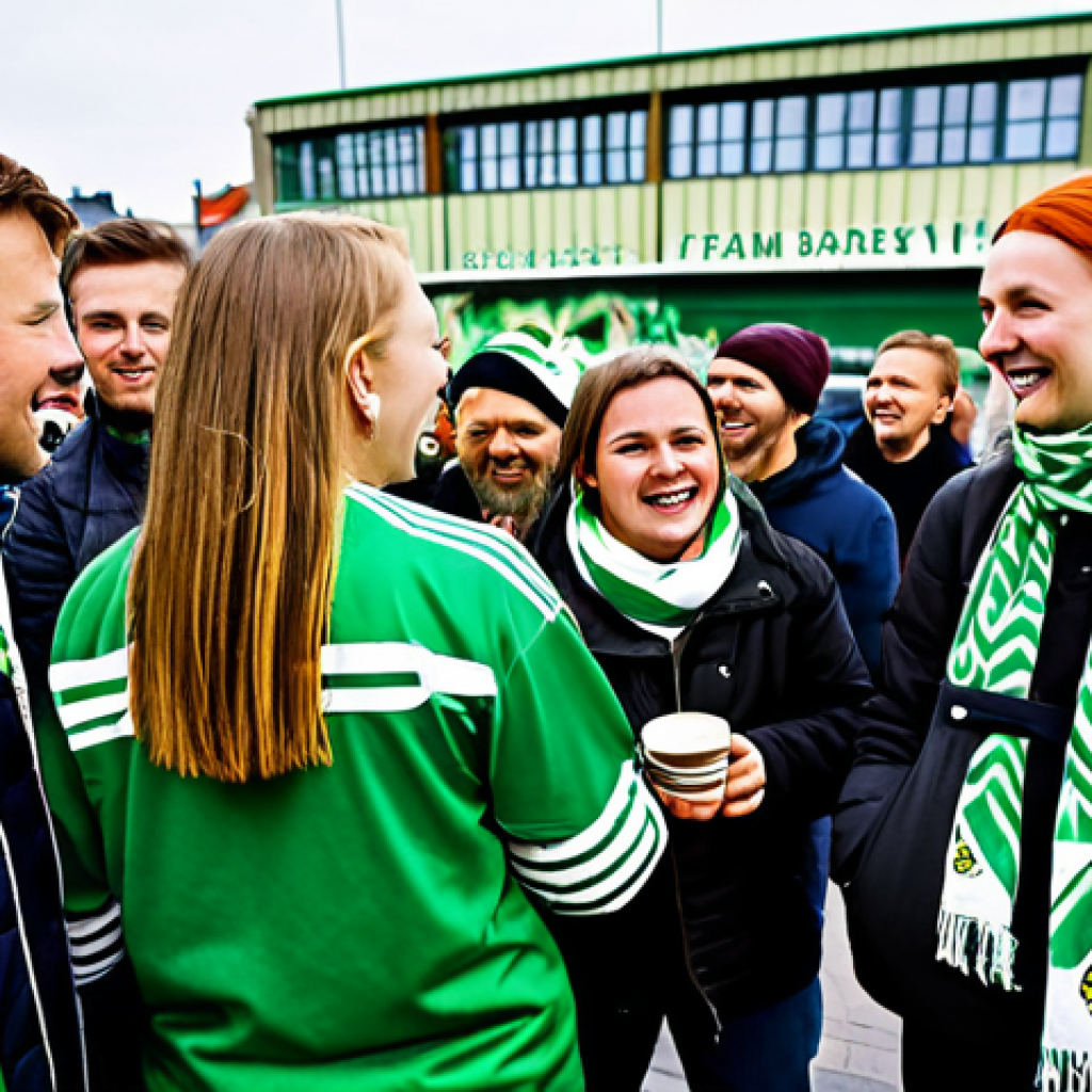**

A vibrant scene at a "Hammarby Fotboll" (local Swedish football team) fan gathering before a match.  Fans are wearing green and white scarves and jerseys, enjoying "fika" (coffee and pastries) from a local bakery.  Some are singing team songs, others are chatting excitedly.  The background includes colorful graffiti art with team slogans and "bajen" (nickname for Hammarby). Focus on capturing the feeling of community and anticipation.  safe for work, appropriate content, fully clothed, family-friendly. perfect anatomy, correct proportions, natural pose, professional photography, high quality.

**