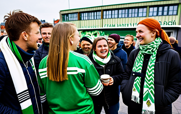 **

A vibrant scene at a "Hammarby Fotboll" (local Swedish football team) fan gathering before a match.  Fans are wearing green and white scarves and jerseys, enjoying "fika" (coffee and pastries) from a local bakery.  Some are singing team songs, others are chatting excitedly.  The background includes colorful graffiti art with team slogans and "bajen" (nickname for Hammarby). Focus on capturing the feeling of community and anticipation.  safe for work, appropriate content, fully clothed, family-friendly. perfect anatomy, correct proportions, natural pose, professional photography, high quality.

**