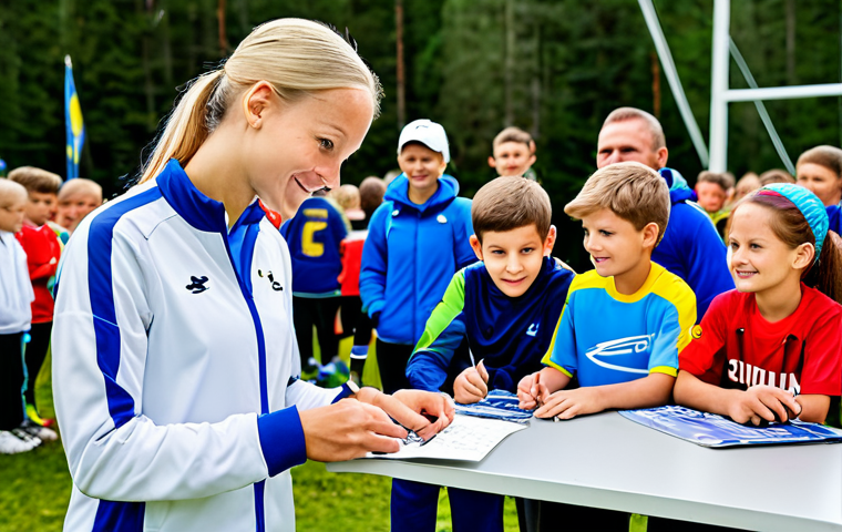 Local Sports Hero**

"A young, fully clothed athlete in modest sportswear, signing autographs for children at a community sports event in Sweden, appropriate attire, safe for work, perfect anatomy, natural proportions, family-friendly, professional photograph."

**