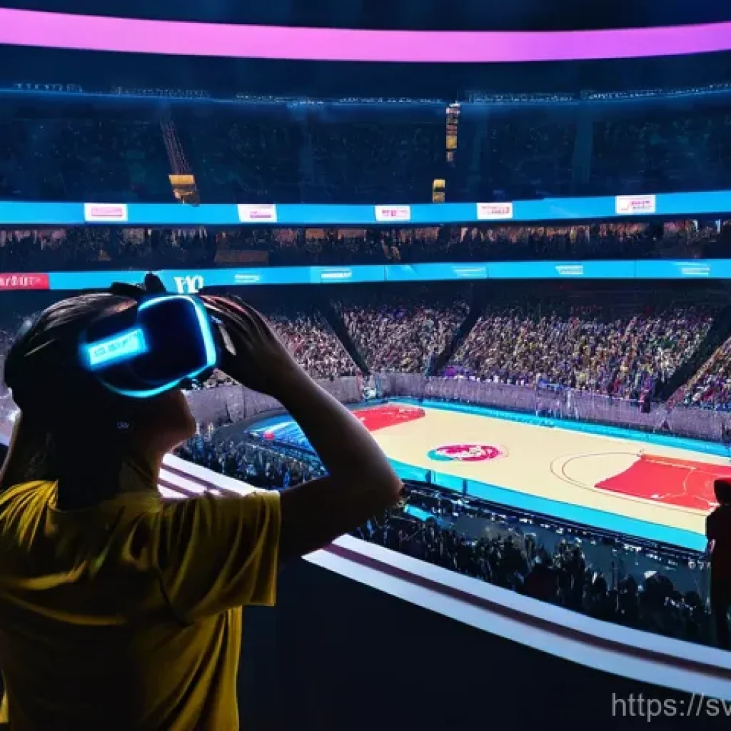 스포츠마케팅 학회 및 포럼 참가 후기 - **Immersive VR Sports Experience:** A dynamic, wide shot capturing a vibrant, futuristic sports aren...