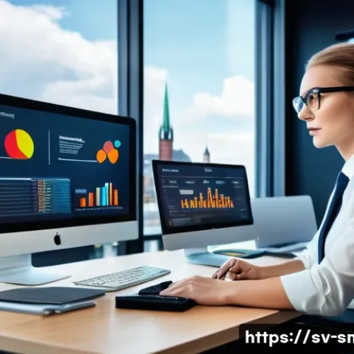 스포츠마케팅 직무에서의 성공적인 경력 관리 - A modern digital sports marketing office scene featuring a young professional woman analyzing data o...