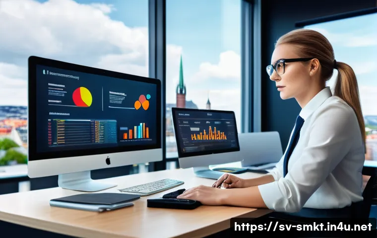 스포츠마케팅 직무에서의 성공적인 경력 관리 - A modern digital sports marketing office scene featuring a young professional woman analyzing data o...