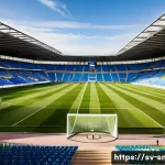 스포츠마케팅 직무에서의 지속 가능한 성장 사례 - A vibrant scene at a Swedish football stadium during a match day, showing enthusiastic fans of diver...