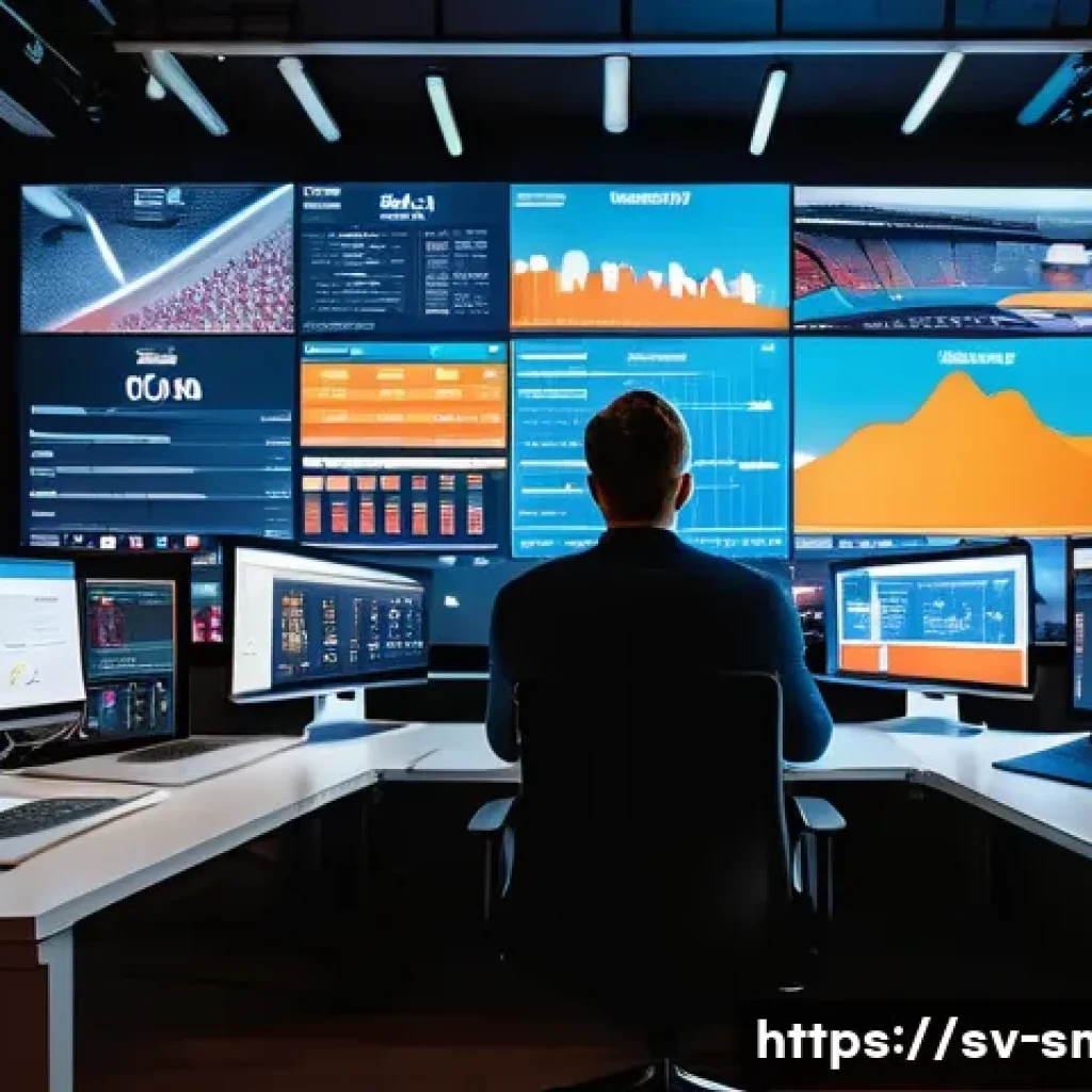 스포츠마케팅에서의 시장 조사 방법 - A vibrant digital marketing control room filled with large screens displaying real-time social media...