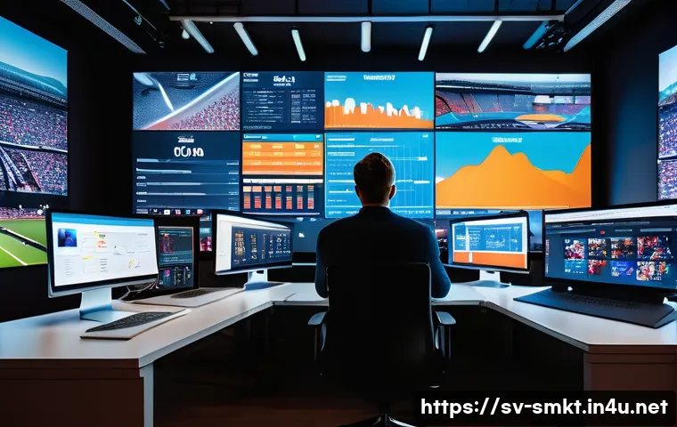 스포츠마케팅에서의 시장 조사 방법 - A vibrant digital marketing control room filled with large screens displaying real-time social media...