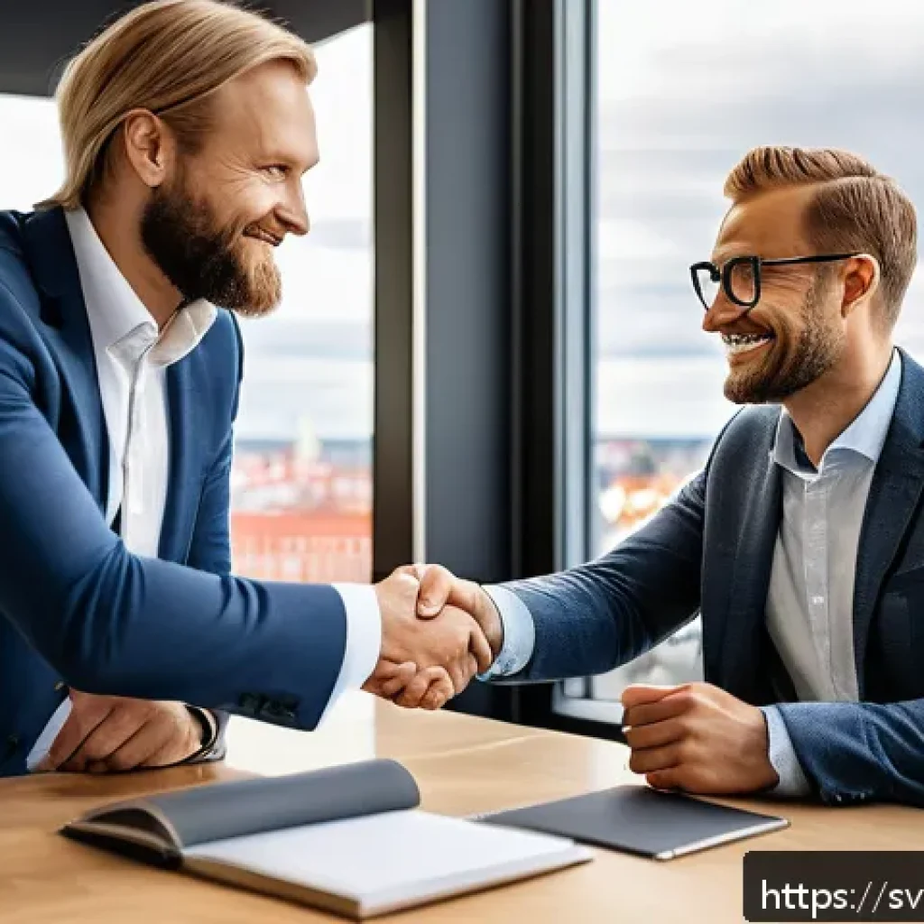 스포츠마케팅 전문가의 협상과 갈등 해결 전략 - A professional business negotiation scene in a modern Scandinavian office, two diverse individuals i...