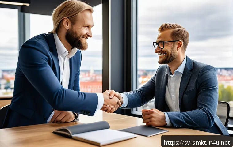 스포츠마케팅 전문가의 협상과 갈등 해결 전략 - A professional business negotiation scene in a modern Scandinavian office, two diverse individuals i...