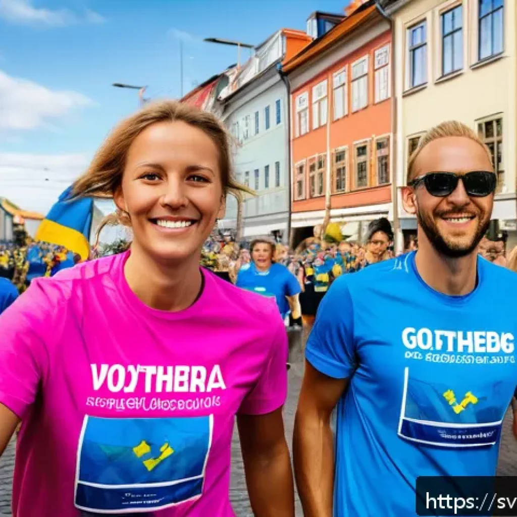 스포츠 이벤트 기획과 운영에서의 성공 사례 - A vibrant street scene during Gothenburg Marathon featuring diverse local volunteers wearing branded...