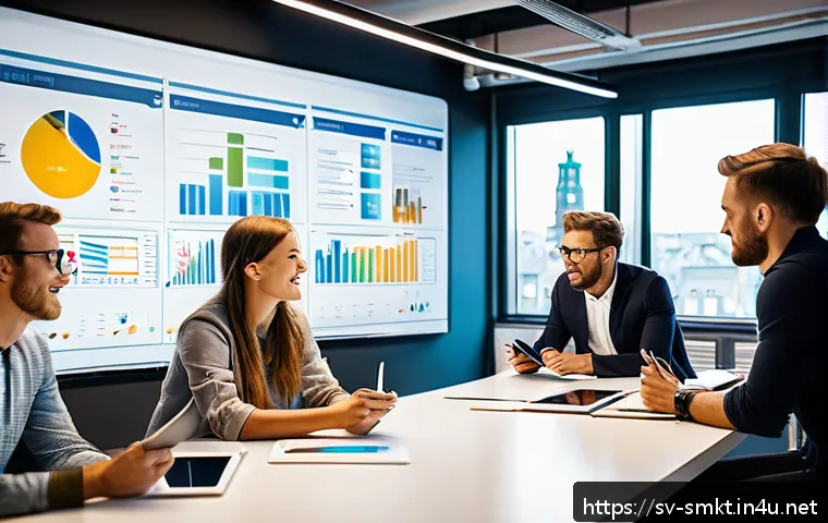 스포츠마케팅 전문가로서의 자기계발 및 성장 계획 - A vibrant social media marketing team brainstorming session in a modern Stockholm office, with diver...