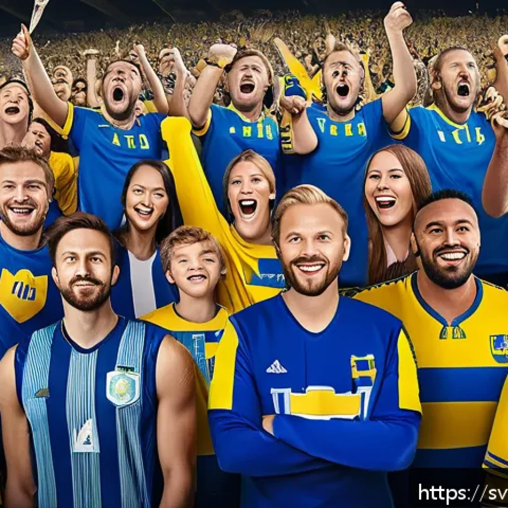 스포츠마케팅 관련 공모전 참여 팁 - A vibrant sports marketing campaign scene featuring a diverse group of passionate Swedish fans cheer...