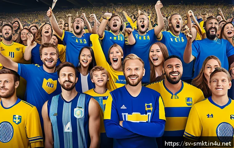 스포츠마케팅 관련 공모전 참여 팁 - A vibrant sports marketing campaign scene featuring a diverse group of passionate Swedish fans cheer...