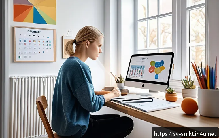 스포츠마케팅 국제 자격증 시험 후기 - A focused Swedish young adult studying sports marketing certification at a cozy home desk, surrounde...