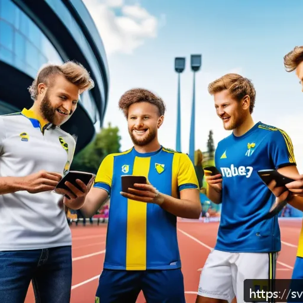 스포츠마케팅 실무 사례 연구 - A dynamic social media scene showing a diverse group of young Swedish sports fans engaging with pers...