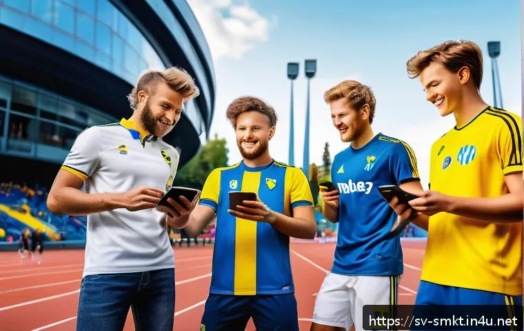 스포츠마케팅 실무 사례 연구 - A dynamic social media scene showing a diverse group of young Swedish sports fans engaging with pers...
