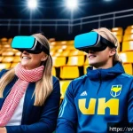 Home 20 스포츠마케팅과 관련된 글로벌 트렌드 및 이슈 - A vibrant digital sports stadium filled with enthusiastic Swedish fans wearing team jerseys and scar...