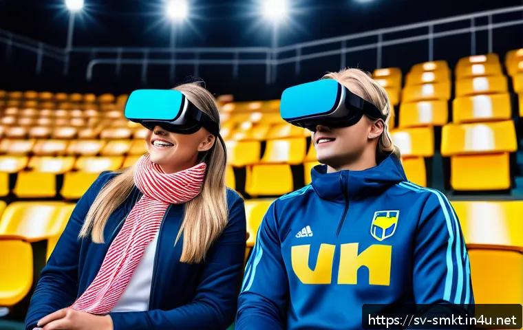 스포츠마케팅과 관련된 글로벌 트렌드 및 이슈 - A vibrant digital sports stadium filled with enthusiastic Swedish fans wearing team jerseys and scar...