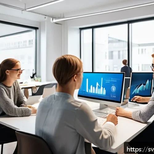 Home 31 스포츠마케팅 블로그 운영 전략 - A dynamic digital marketing team in a modern Swedish office, analyzing sports fan data on multiple l...