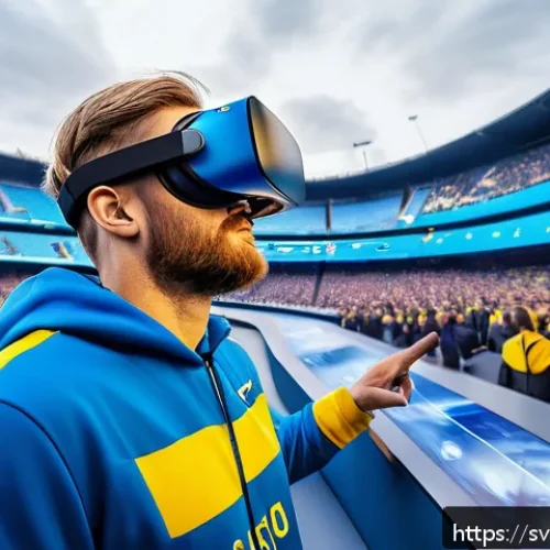 Home 30 스포츠마케팅과 기술 융합 사례 - A vibrant virtual reality sports arena filled with enthusiastic fans wearing team colors and virtual...