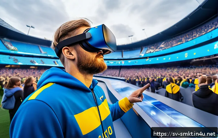 스포츠마케팅과 기술 융합 사례 - A vibrant virtual reality sports arena filled with enthusiastic fans wearing team colors and virtual...