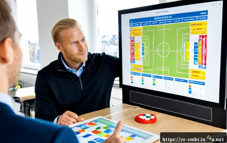 Home 17 스포츠마케팅 실무에서의 문제 해결법 - Photorealistic Swedish sports marketing team solving an event-day problem in a bright Stockholm offi...